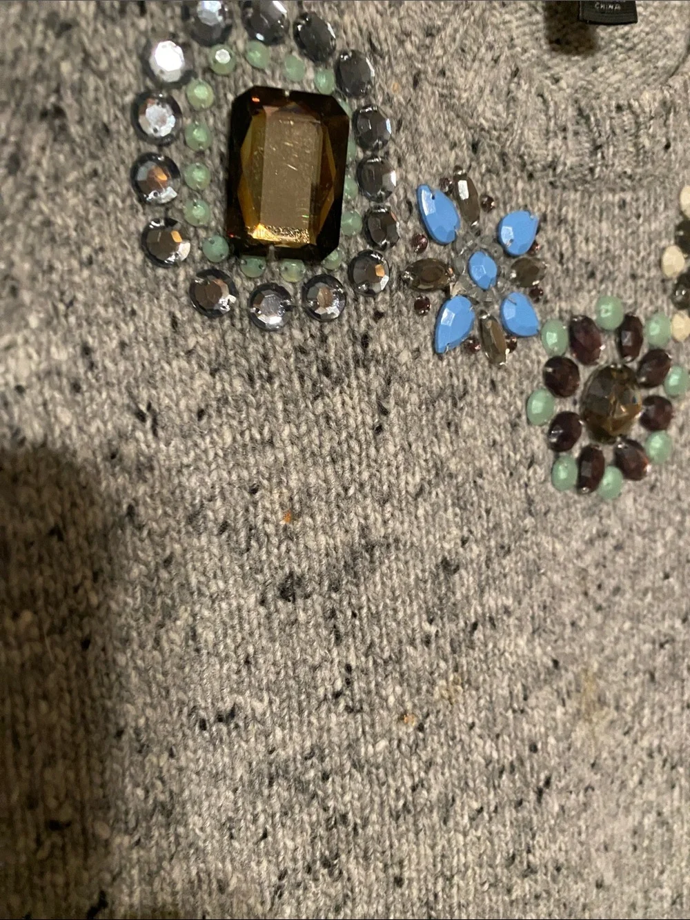 J. Crew Gray Sweater with Blue, Green and Gold Jewel Accents
